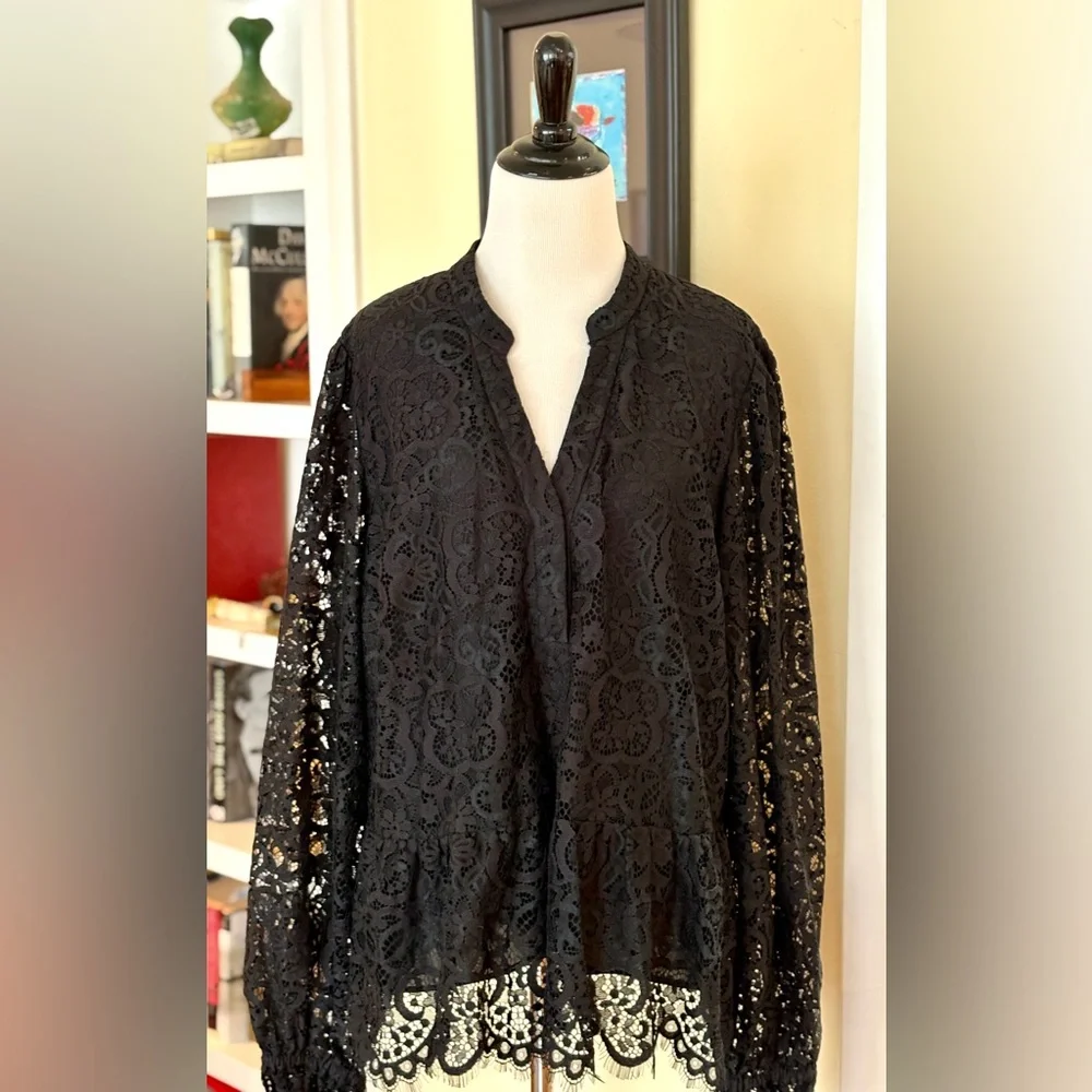 Lilly Pulitzer Blouse Black Lace Jacelynne Peplum Ruffle Hem SZ XL Plus Size - Picture 6 of 13